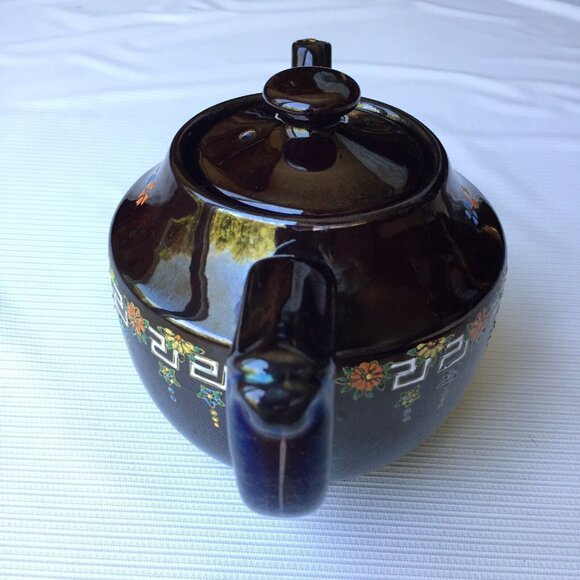 Hand Painted Black Teapot Floral Flower Art Ornate Pottery Made in Japan Vintage - Picture 2 of 12